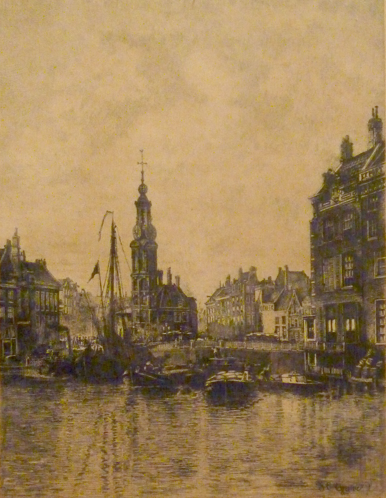 amsterdam, gezicht op een aantal boten in een haven en op de achtergrond een kerktoren