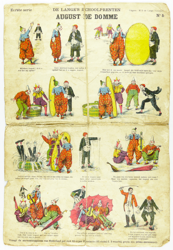 rechthoekig blad papier met daarop in stripverhaal een centsprent met opdruk:  de lange's schoolprenten eerste serie : August de Domme uitgave M.D. de lange Veendam No 5