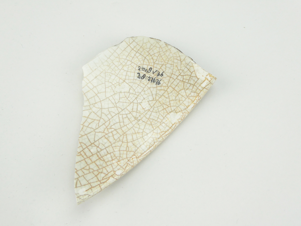 aardewerken scherf, met daarop afwisselend wit zwart wit rood wit groen rood wit zwart wit lila wit zwart wit rood wit groene en klein stukje rode baan, opgedoken door British Sub Aqua Club, Branch 501, ook wel de 501 Divers uit Folkstone, uit het wrak van de op 19 november 1887 na een aanvaring met het stoomschip Rosa Mary gezonken stoomschip W.A. Scholten, via hun woordvoerder Glyn Jones geschonken aan het Veenkoloniaal Museum.