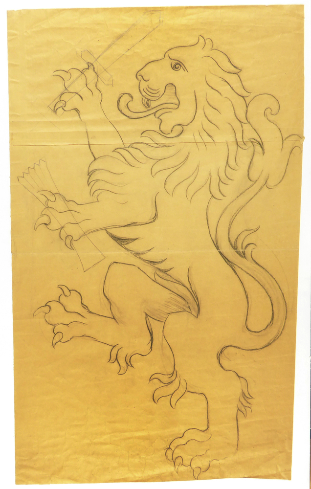 ontwerptekening leeuw, zijaanzicht, leeuw met zwaard en ander ongeidentificeerd object aantekeningen achterkant leenheer H ter Reegen aangekocht door dokter Mulder Veendam