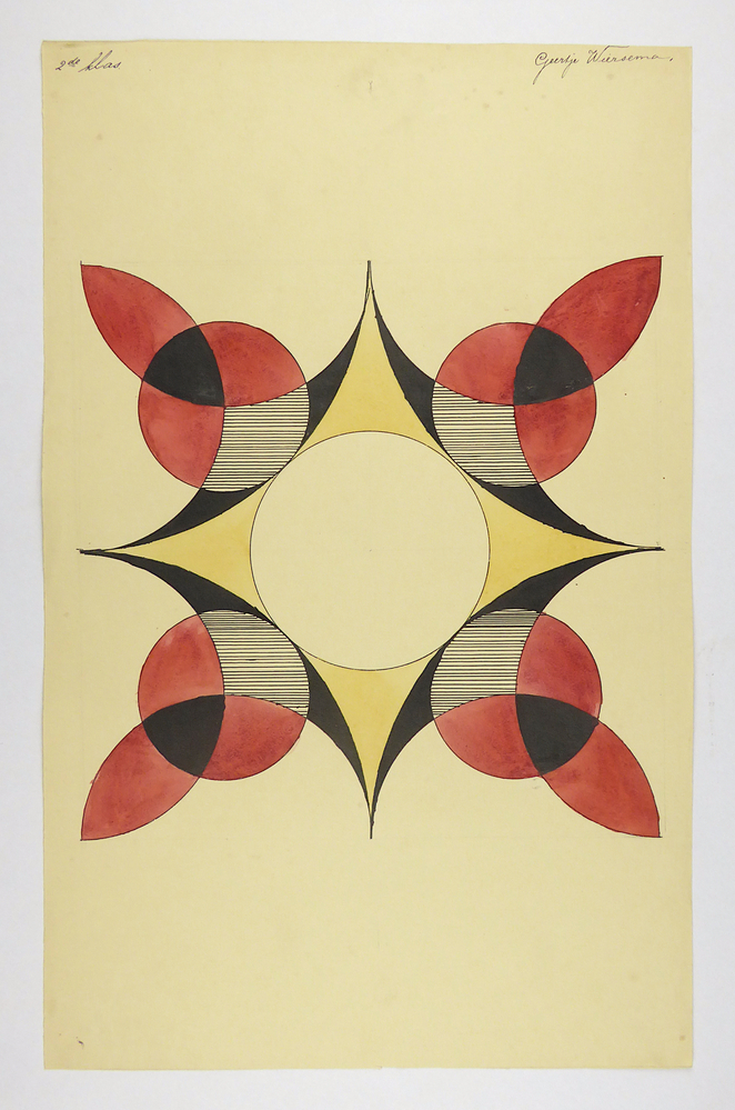 witte cirkel in gele ster, daar omheen 4 rode cirkels, met overlappend 4 rode eliptische vormen, waar elips cirkel kruist zwarte vlakken, waar cirkel ster kruist gearceerde vlakken