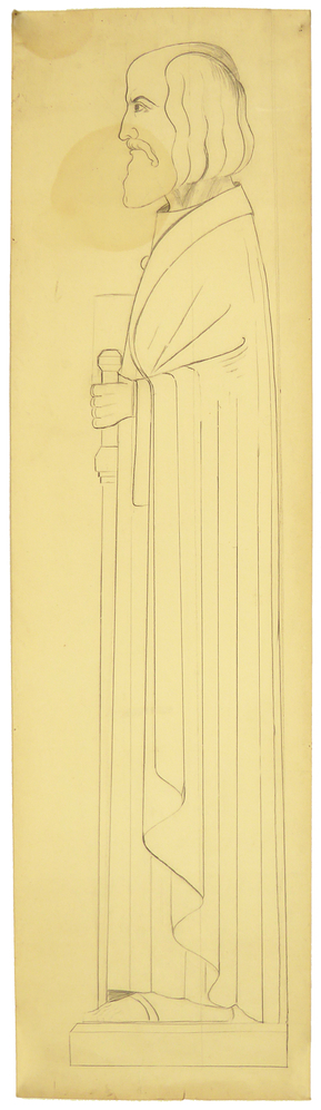 ontwerptekening beeldhouwwerk Paulus, zijaanzicht ten voeten uit, attributen zwaard lengte middel tot voet, Heilige Paulus, beeld St. Franciscuskerk Steenwijksmoer