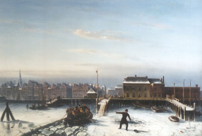 olieverf op doek, in goudkleurige gipsen lijst, voorstellende een veerpont te Amsterdam, met op de achtergrond de nieuwe stadsherberg, vooraan een man alleen die net door het ijs is gezakt, gesigneerd en gedateerd rechtsonder: Ch Leickert f 70 Charles Leickert 1870 Titel  De hachelijke oversteek over het IJ bij Amsterdam (oude) titel  Op het IJ , De Nieuwe Stadsherberg in de winter van 1837