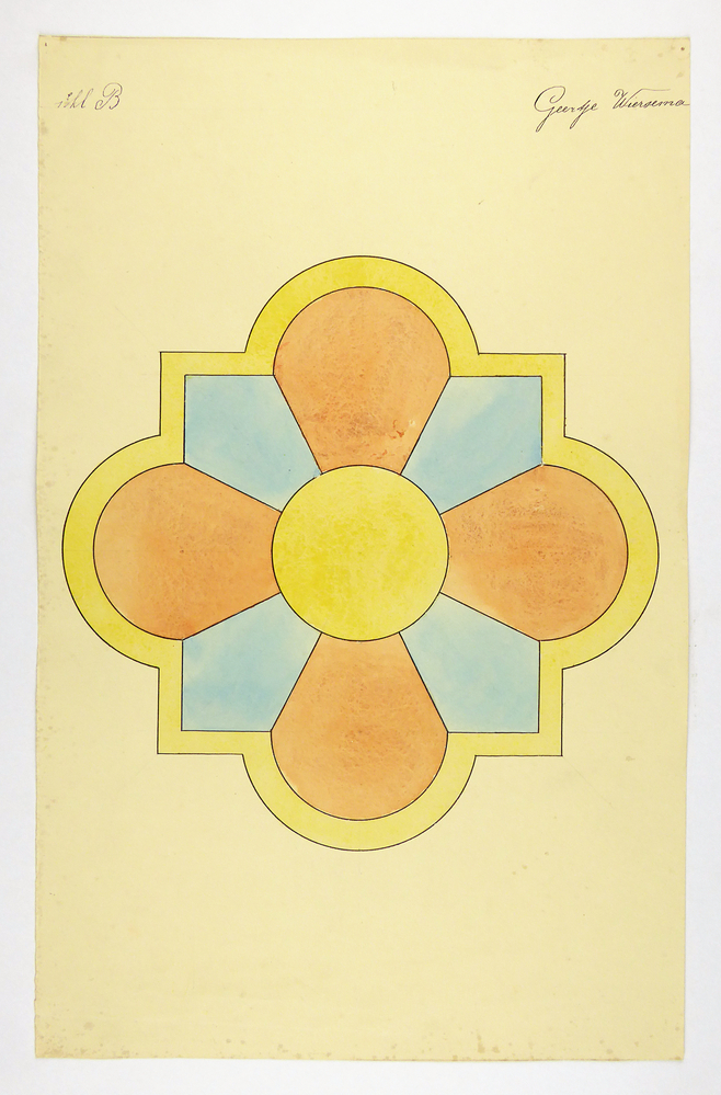 grote gele cirkel met 4 oranje bladen, met op achtergrond blauwe vierkant, het totaal omvat met een gele rand