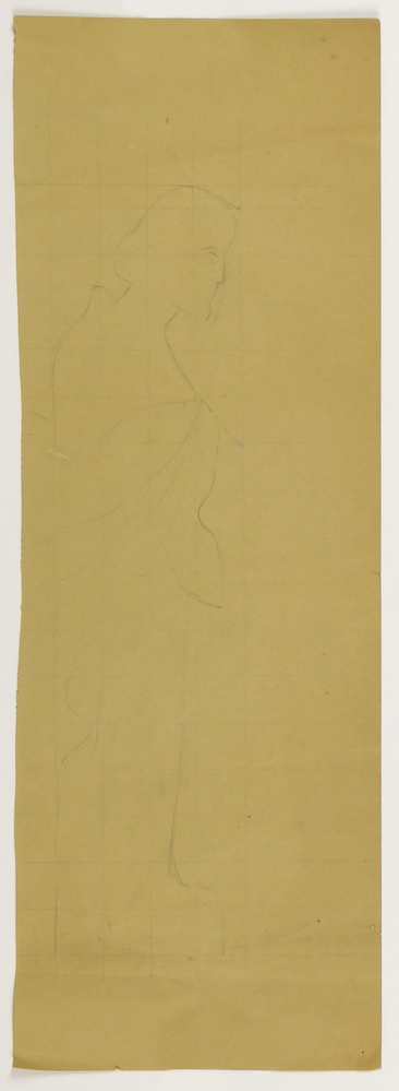 ontwerptekening beeldhouwwerk zijaanzicht mansfiguur, achterzijde fragment tekening, dat wil zeggen hergebruikt papier