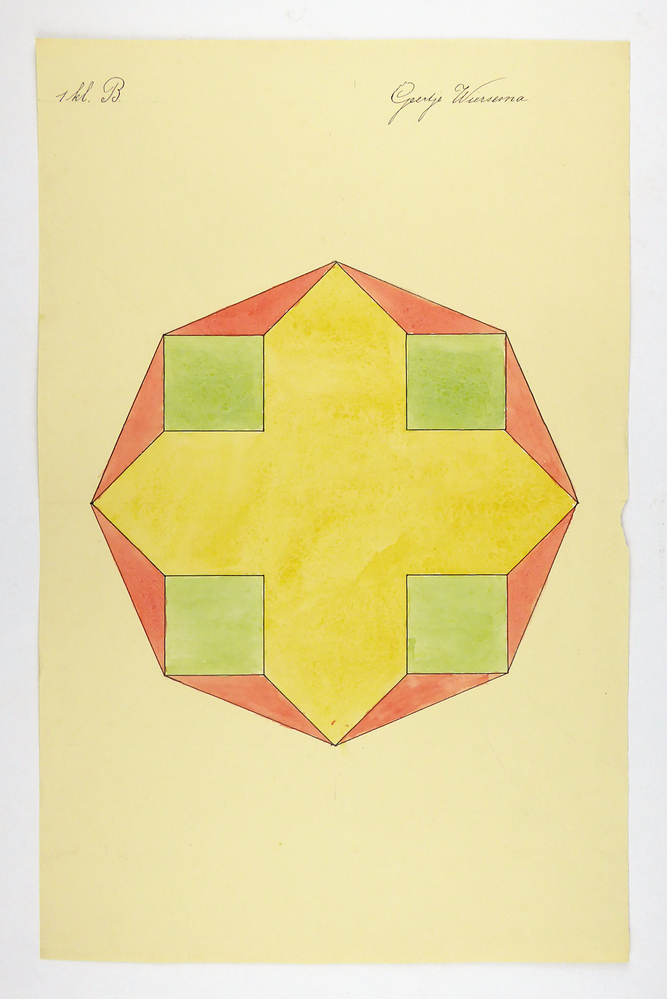 rode 8 hoek met hierin grote gele vierkant en op de zijvlakken groene vierkanten