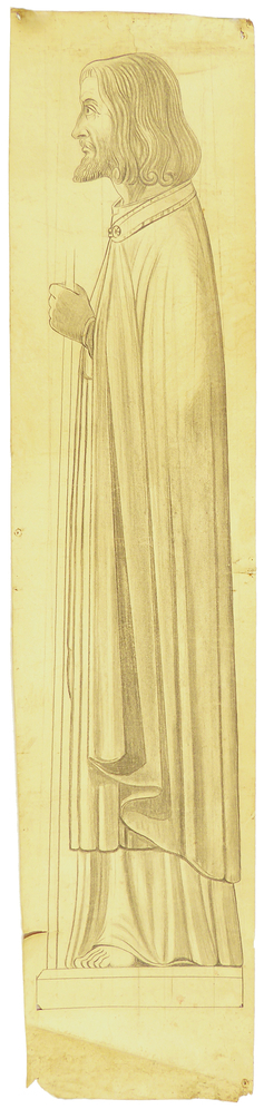 ontwerptekening beeldhouwwerk, zijaanzicht ten voeten uit, attributen zwaard baard en haar, Heilige Paulus, beeld St. Franciscuskerk Steenwijksmoer