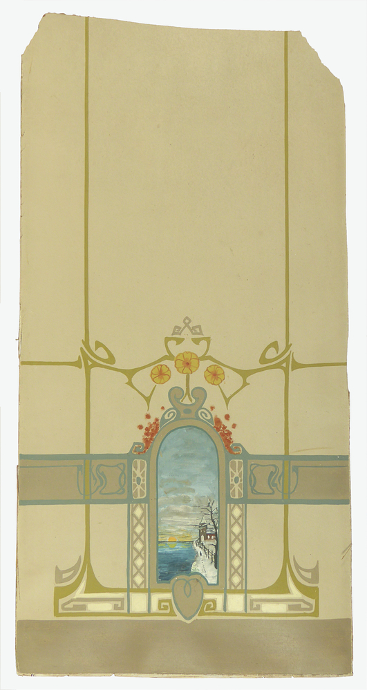 rechthoekig stuk behang op karton, met aan onderkant bloemen en groene lijnen in jugendstil motief met een boogvormige cartouche met hierin huis op een klip in de sneeuw met zonsondergang