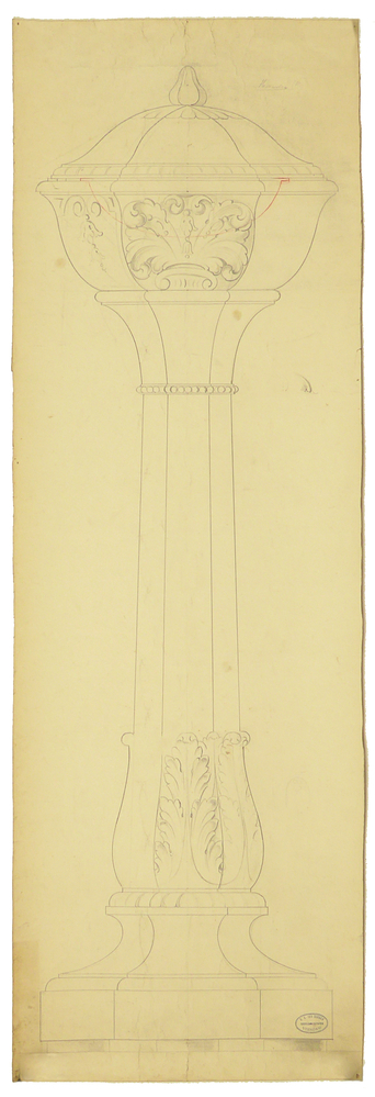 ontwerptekening doopvont Midwolda, vooraanzicht achterkant tekening schets ornament, datering afgeleid van inscriptie doopvont zelf, voor info kerkcollectiedigitaal.nl