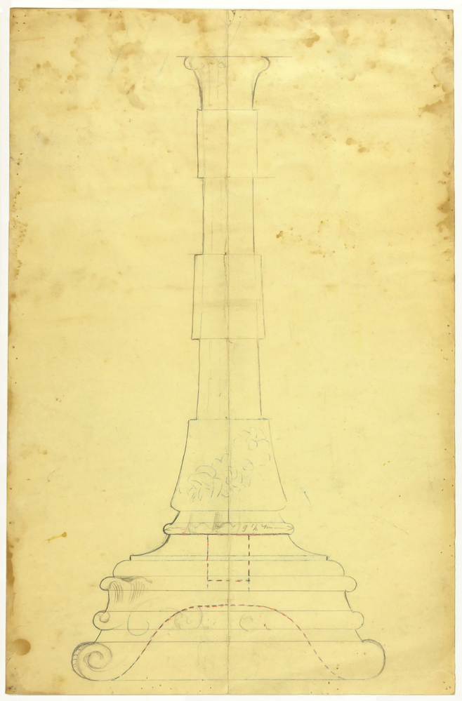 ontwerptekening voet van een schemerlamp met ingetekend afmetingen, achterzijde waterverfschilderij van een molen