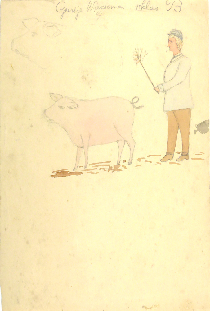 boer met een takje in de hand en daar links van een varken / keerzijde doos of steen met alleen aan de linkerkant schaduw