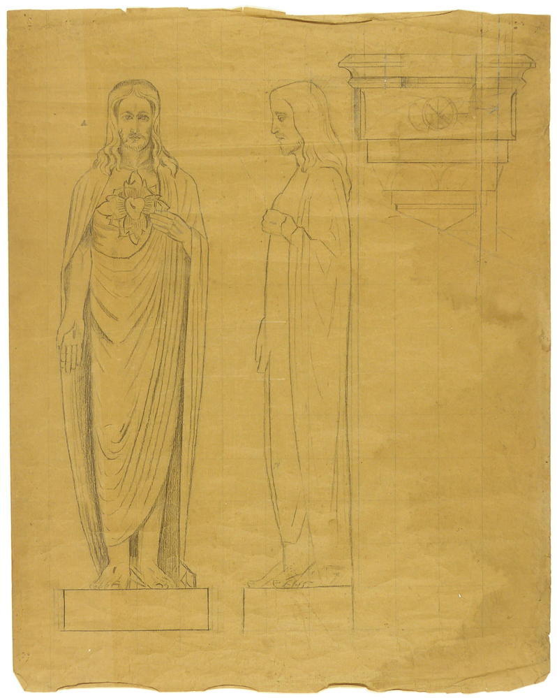 ontwerptekening beeldhouwwerk, Christus heilig hart, vooraanzicht en zijaanzicht, beide ten voeten uit