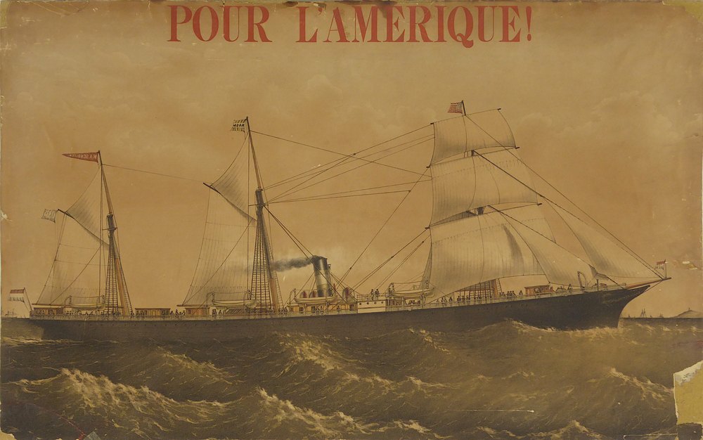 deel van een affiche van De Holland Amerika Lijn, rechthoekig afgesneden en op karton geplakt, voorstellende stoomschip W.A.Scholten varend naar rechts, met aan zijkanten op de achtergrond nog zichtbaar enkele andere schepen en de contouren van land, op achterdek naamwimpel met W.A. Scholten en midden wimpel met NASM, in voorste mast Amerikaanse vlag, op boegspriet en achterdek Nederlandse vlag, bovenaan inscriptie pour l amerique!