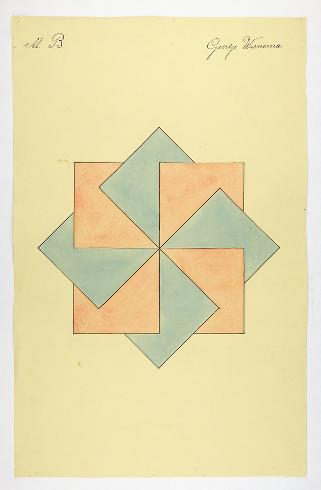 een zalmkleurige kubus en een blauwe kubus die in elkaar verstrengeld zijn