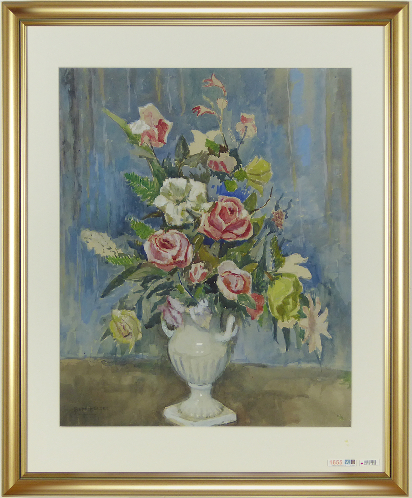 bloemstilleven, aquarel op papier van een witte gelobde vaas met 2 oren, waarin rode, gele en witte rozen, staande op een bruine ondergrond en een blauwachtige achtergrond, linksonder gesigneerd in zwart Bart Peizel.