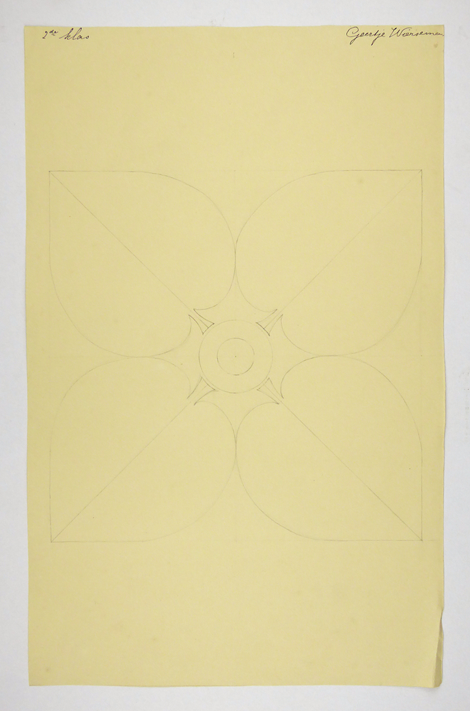 4 schoppenvormige bladeren met cirkelvormige midden