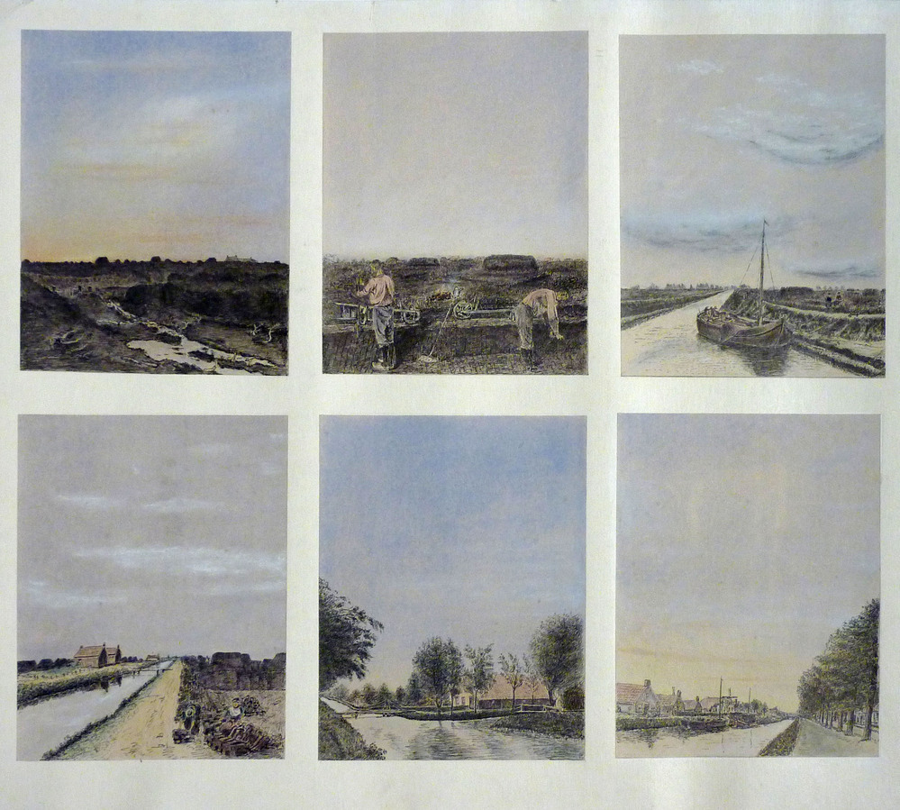 6 pentekeningen van o.a. een man , schip, kanaal, kruiwagen en turf