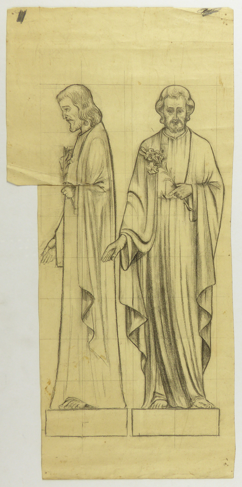 ontwerptekening staande figuur met lelie in linkerhand, Heilige St Jozef, geen aureool, vooraanzicht en zijaanzicht