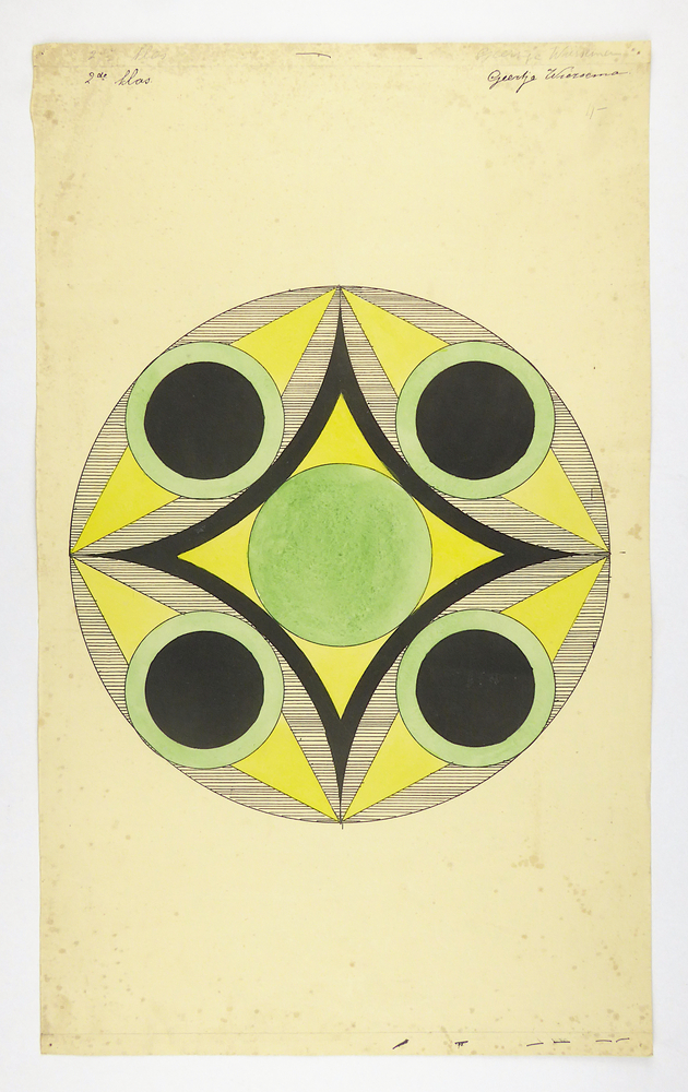 grote cirkel, gearceerd met hierin 5 groene ballen, de middelste helemaal groen en rondom 4 met zwarte stip in het midden, aan weerszijden van groene stip, net als pupil gele vlakken rondom middenste stip geel zwarte vlak in ruitvorm