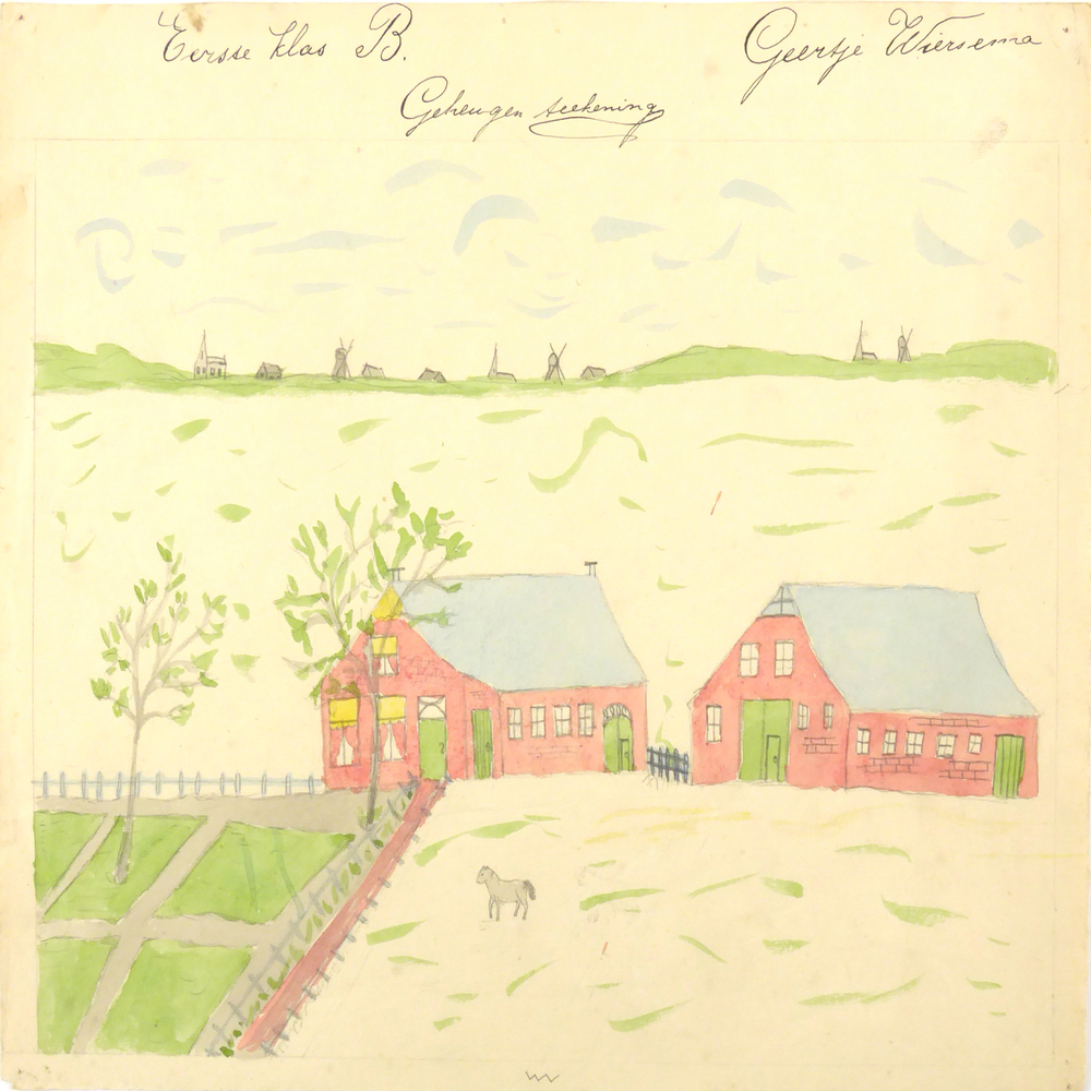 boerderij met schuur, ervoor oprijlaan met bomen en grasvelden, paard in wei en op achtergrond dorpsgezicht, 4 huizen, 3 molens en 3 kerken