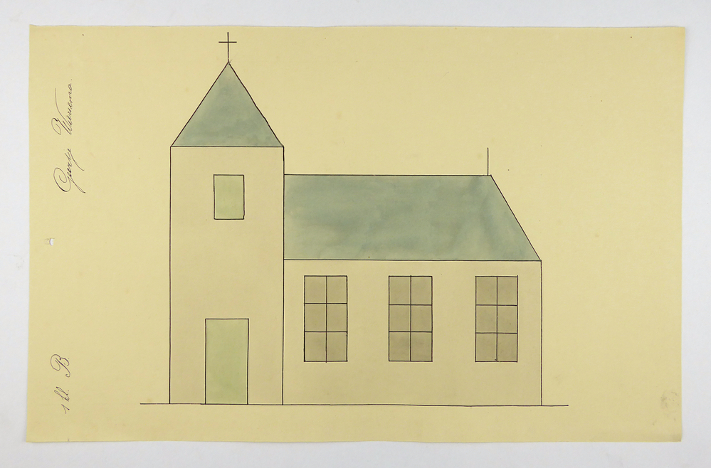 kerk met grijs dak en 3 grijze ramen in achterstuk, lichtgroen bovenraam en lichtgroene deur.