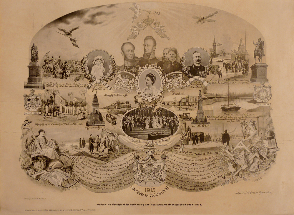 gedenkplaat met meerdere historische afbeeldingen van 1813 tot 1913.