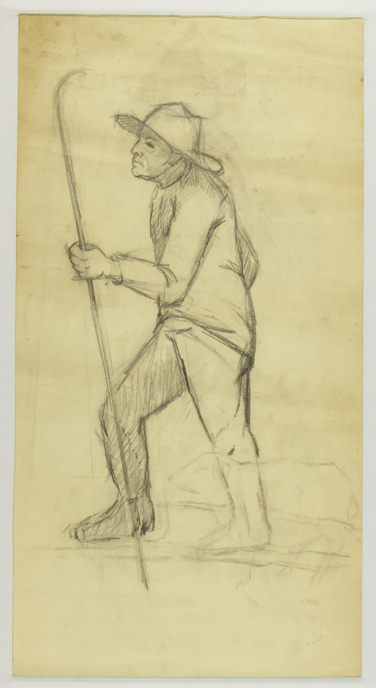 ontwerptekening herder met stok en schaap watermerk papier rechtsonder SVH ISRAEL boven en onder medaillon met relief