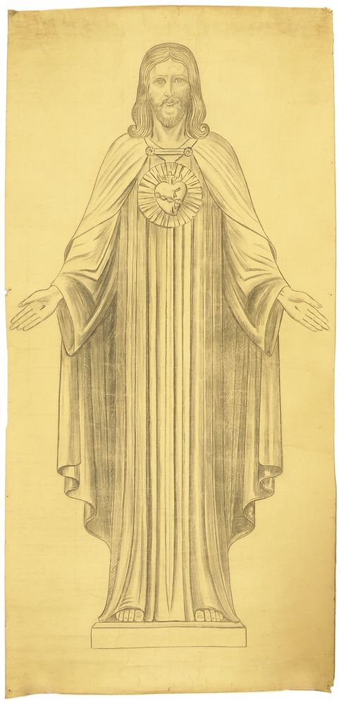 ontwerptekening beeldhouwwerk Christus heilig hart, open handen en stigmata vooraanzicht ten voeten uit
