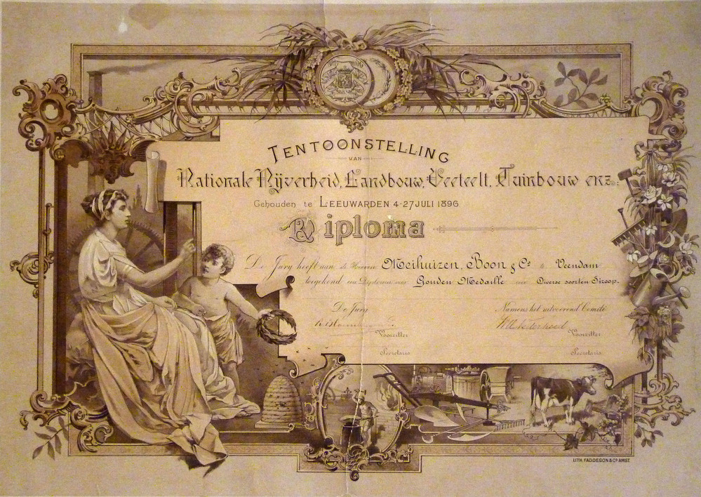 tentoonstelling van nationale nijverheid landbouw veeteelt tuinbouw enz gehouden te Leeuwarden 4 - 27 juli 1896 Diploma de jury heeft aan de heeren Meihuizen Boon & Co te Veendam toegekend een diploma voor Gouden Medaille voor diverse soorten siroop