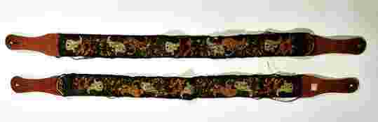 bretels met bloem- en bladdecoratie, rood leer met kralen, en inscriptie P D 1856 , P.D.Douwes Schip Sieka 1864 P.D.Douwes of Doewes ,woonplaats Sappemeer was kapitein van de Sieka van 1852 tot 1868.