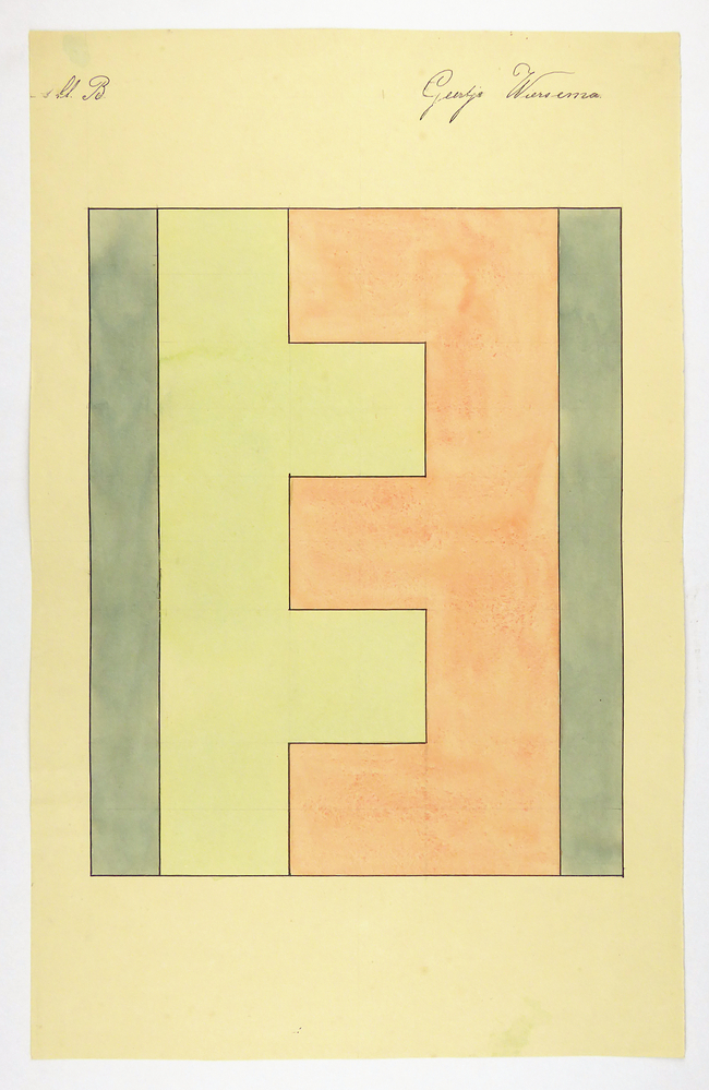 een groot vlak, bestaand uit aan weerszijden 2 stroken blauw daartussen 2 vlakken, een groen en een ander zalmkleurig in de vorm van een omgekeerde letter E