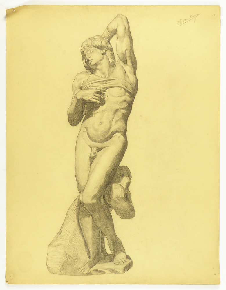 ontwerptekening studie van de stervende staat,(beeld) van Michelanglo, beeld bevindt zich in het Louvre te Parijs