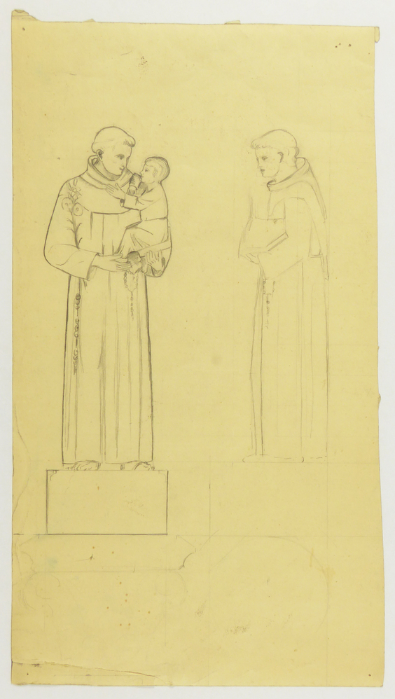 ontwerptekening Antonius van Padua in franciscaner kledij, met lelietak en boek met Christuskind op de arm, vooraanzicht en zijaanzicht en retour vooraanzicht in blauwe lijnen