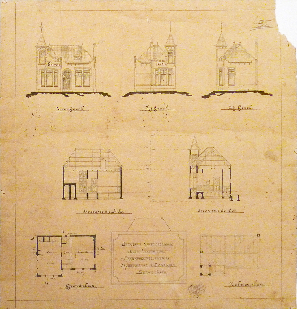 ontwerp van een kantoorgebouw van de cooperatieve vereeniging van de aardappelmeelfabriek Musselkanaal & omstreken schaal 1: 100