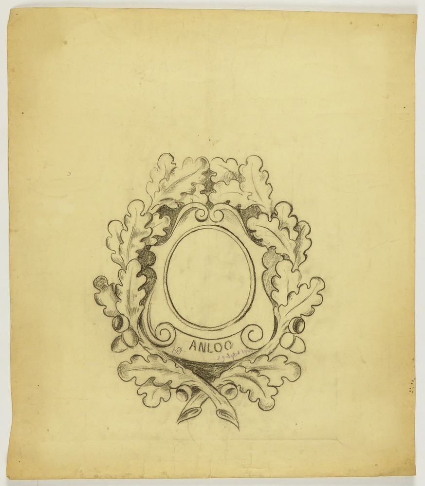 ontwerptekening van decoratieve omlijsting inscriptie Anloo 29 september 1944 (laatste twee cijfers niet goed leesbaar)