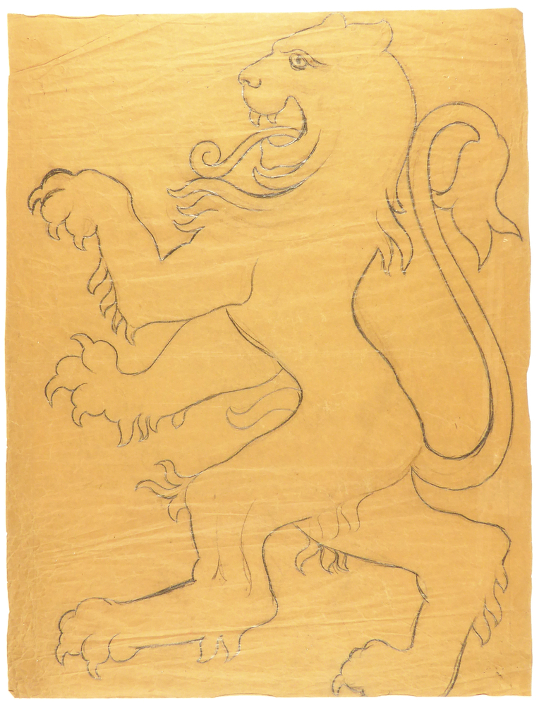 ontwerptekening decoratieve leeuw, zijaanzicht, eenvoudige tekening, ontwerp naar of voor wapenschild