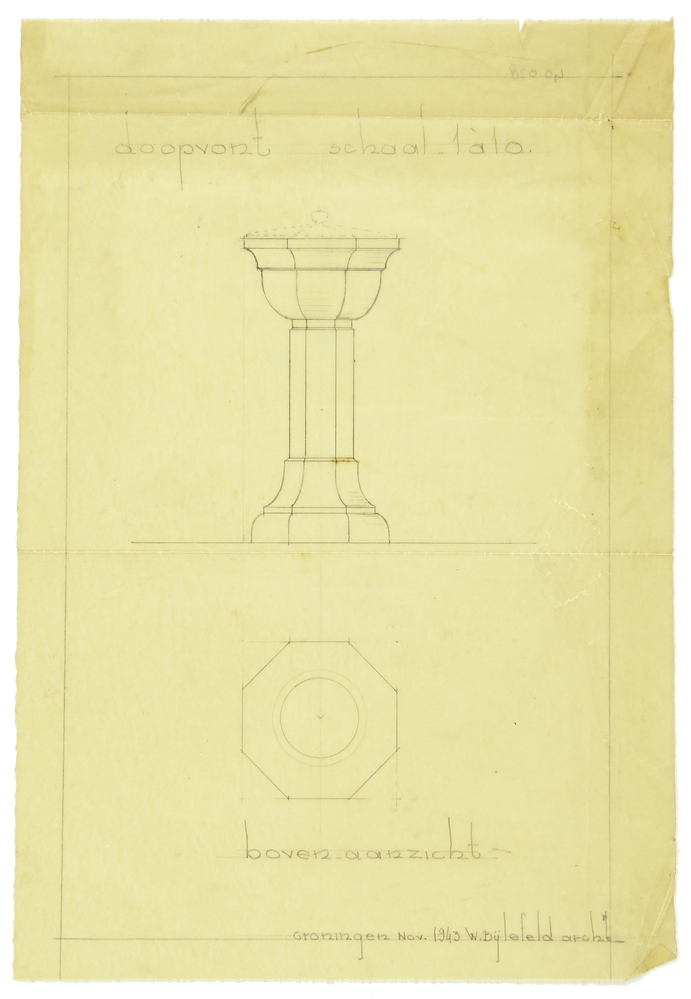 kleine ontwerptekening doopvont voor en bovenaanzicht Nieuwe Pekela