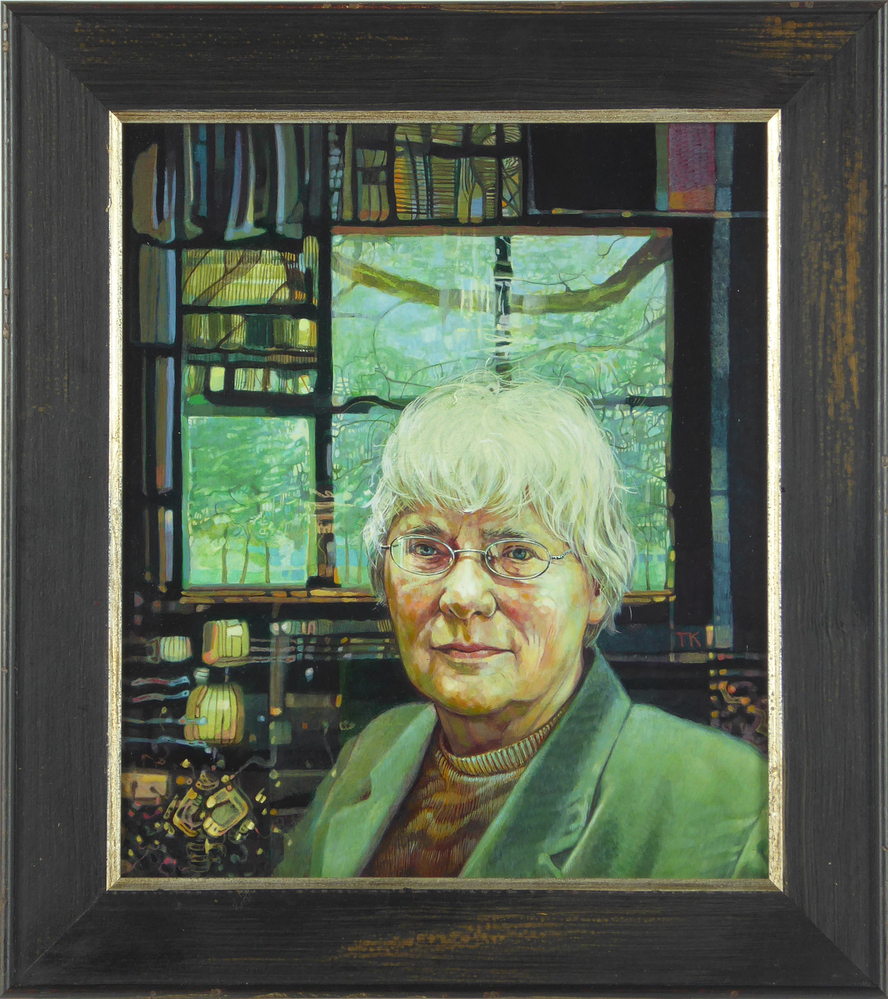 olieverfschilderij op paneel voorstellende Gre van der Veen - Doddema, met op de achtergrond een raam, titel Binnen