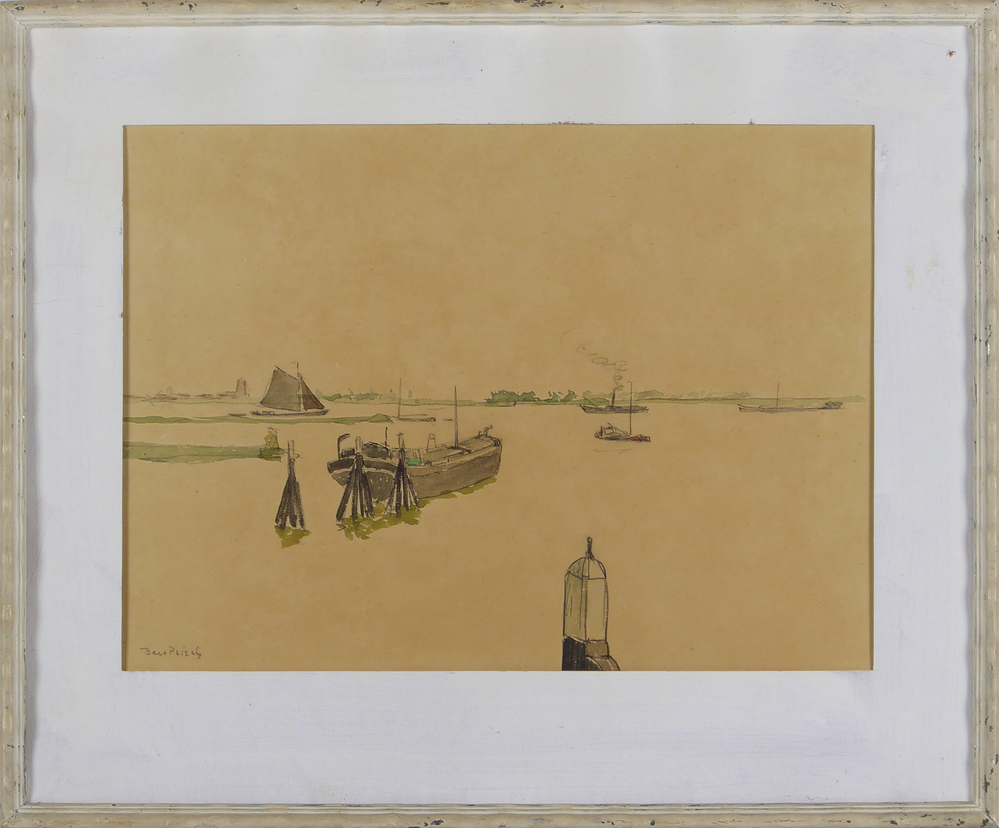 riviergezicht, met afbeelding dukdalf, 6 schepen, steiger en man, linksonder gesigneerd Bart Peizel