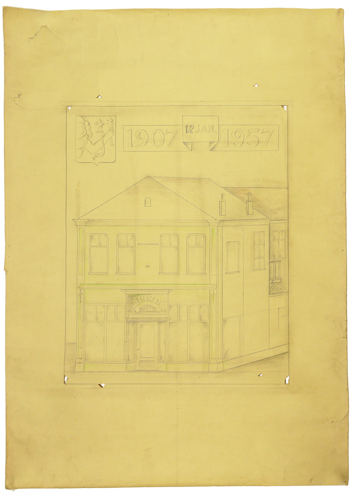 ontwerptekening relief aan twee zijden een tekening voorkant gedenkplaat t.g.v. jubileum Heres Veendam 50 jarig jubileum 12 jan 1907 - 1957 afbeelding van gevel gebouw wapen van ? linksboven, achterkant tekening lelies druivenranken met vogel