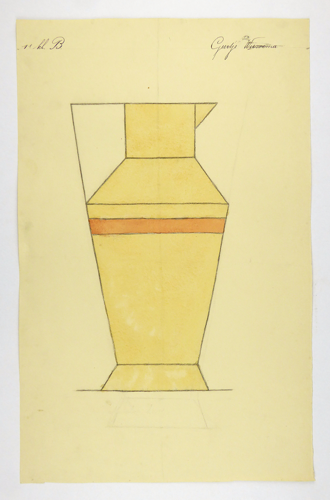 gele schenkkan met in het midden overdwars een oranje rand