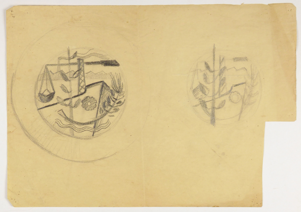 ontwerptekening schetsen in cirkelvormige omlijsting twee tekeningen een uitgewerkte en een schetsmatig met beide dezelfde voorstelling ontwerpschetsen voor een relief  gedenkplaat achterzijde tekening man op een paard, een liggend dier op sokkel