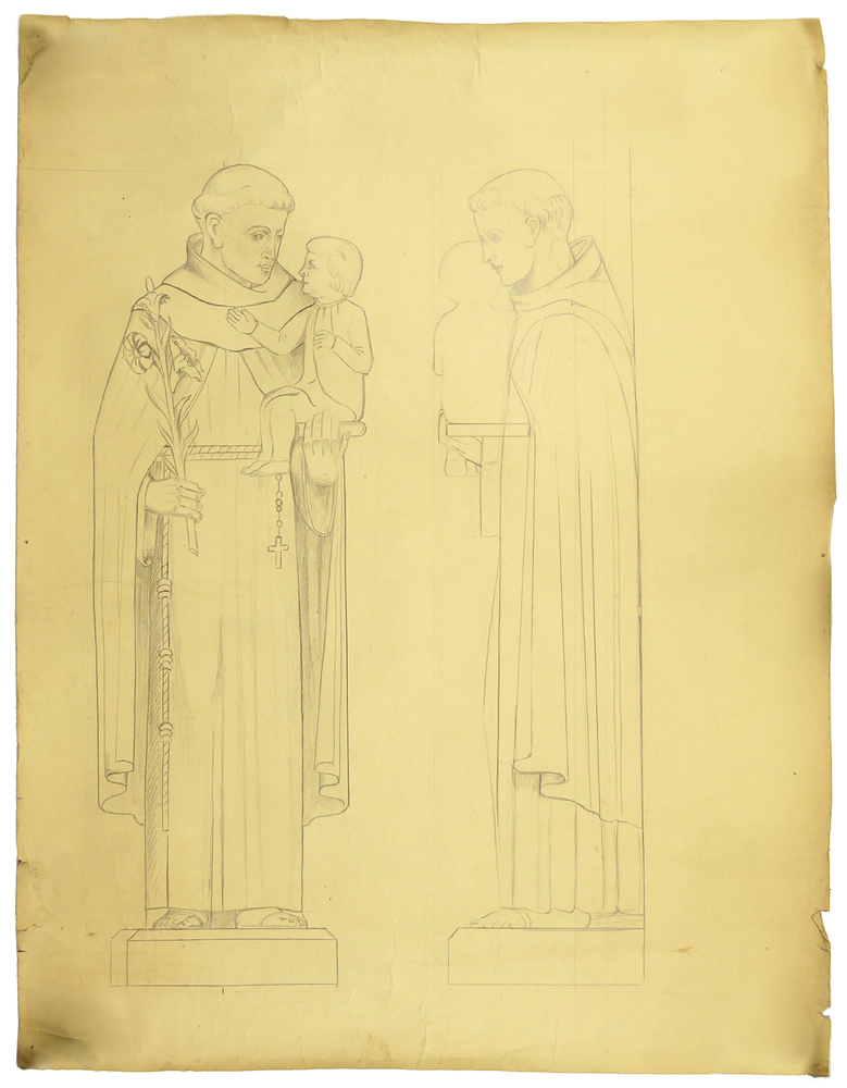 ontwerptekening beeldhouwwerk, voor en zijaanzicht attributen christuskind en lelietak, Heilige Antonius van padua