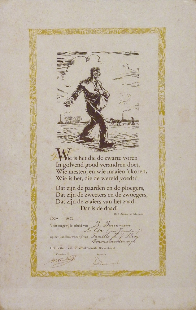 certificaat voor B Bouman van nummero een voor toegewijde arbeid 1924 - 1950 op het landbouwbedrijf van Slim