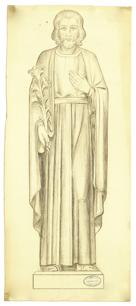 ontwerptekening beeldhouwwerk figuur met lelietak, ten voeten uit, vooraanzicht, Heilige Jozef