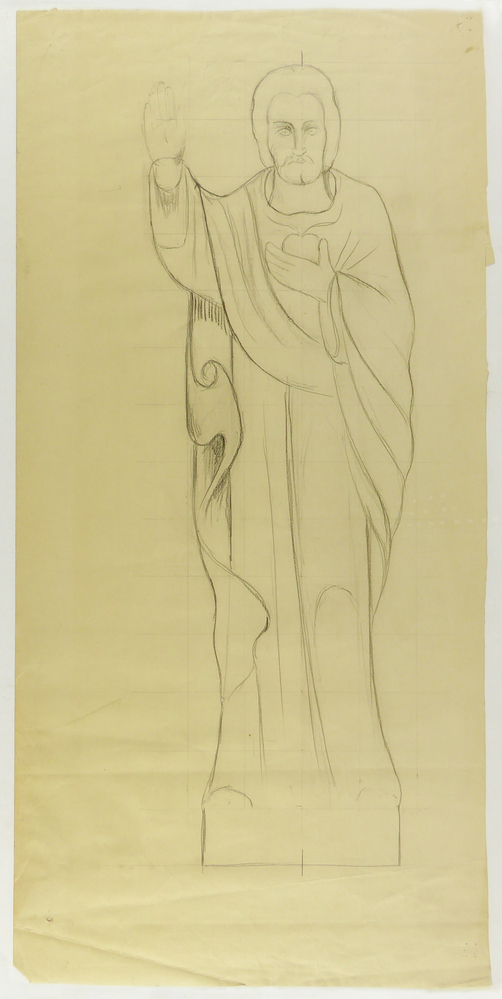 ontwerptekening beeldhouwwerk Christus met hart voor de borst, Heilig hart van Jezus ten voeten uit.