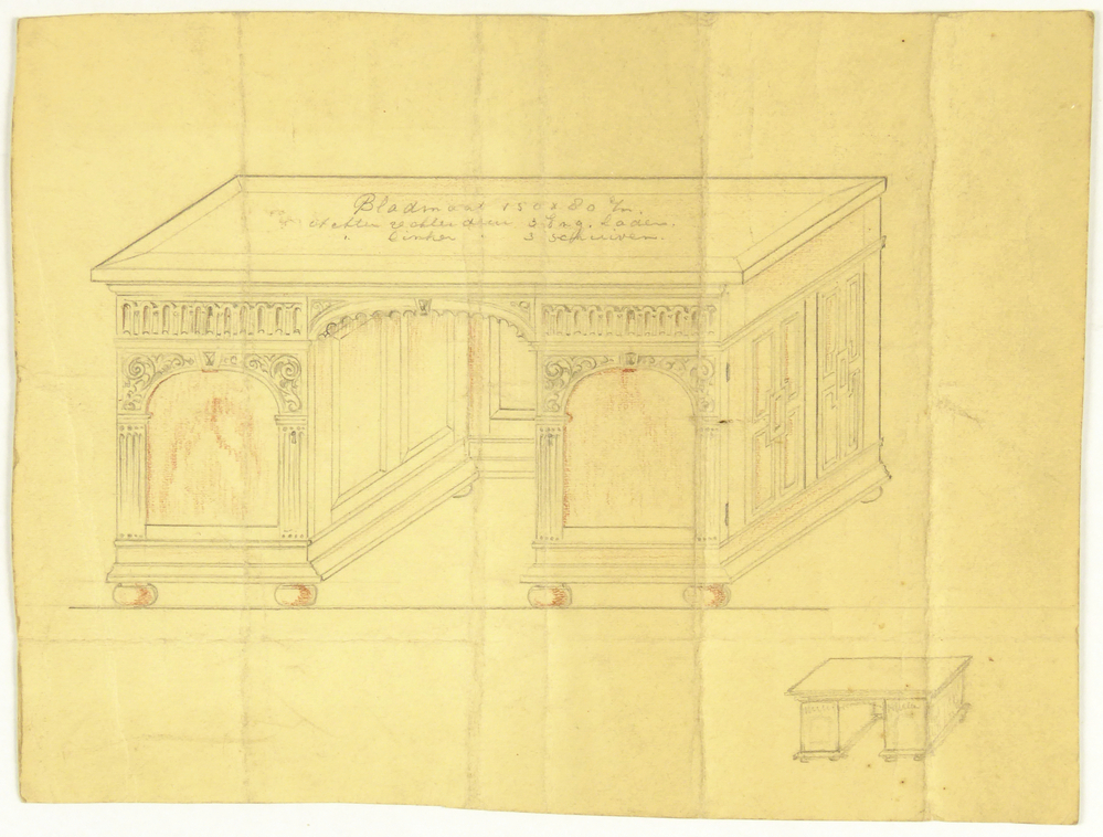 ontwerptekening bureau, vooraanzicht afmetingen ingetekend op blad, achterzijde inscriptie afmetingen en rijksbureau voor hout, datering gebaseerd op bestuur van rijksbureau voor hout 1939 - 1950