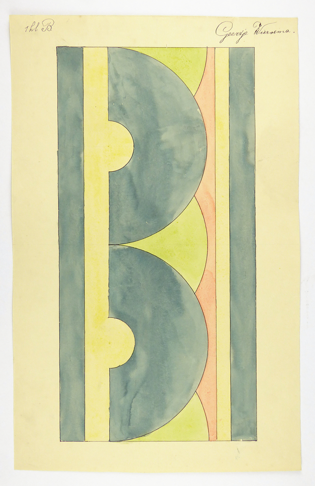 een blauwe lijn, daarboven een gele lijn, met daarboven 2 blauwe bogen, op een achtergrond van groen, zalm, geel en blauwe vlakken