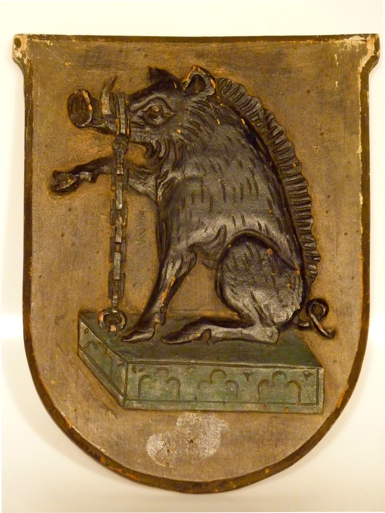 wapenschild geslacht van Beresteijn, geketende varken (beer) op een rechthoekige groene ondergrond