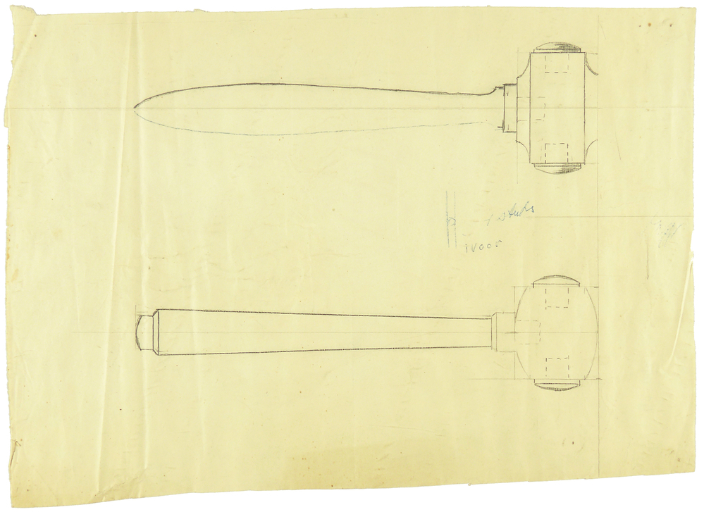 ontwerptekening 2 zuilen of onderdelen daarvan, eerder gelijkend op ontwerpen voor hamerstelen